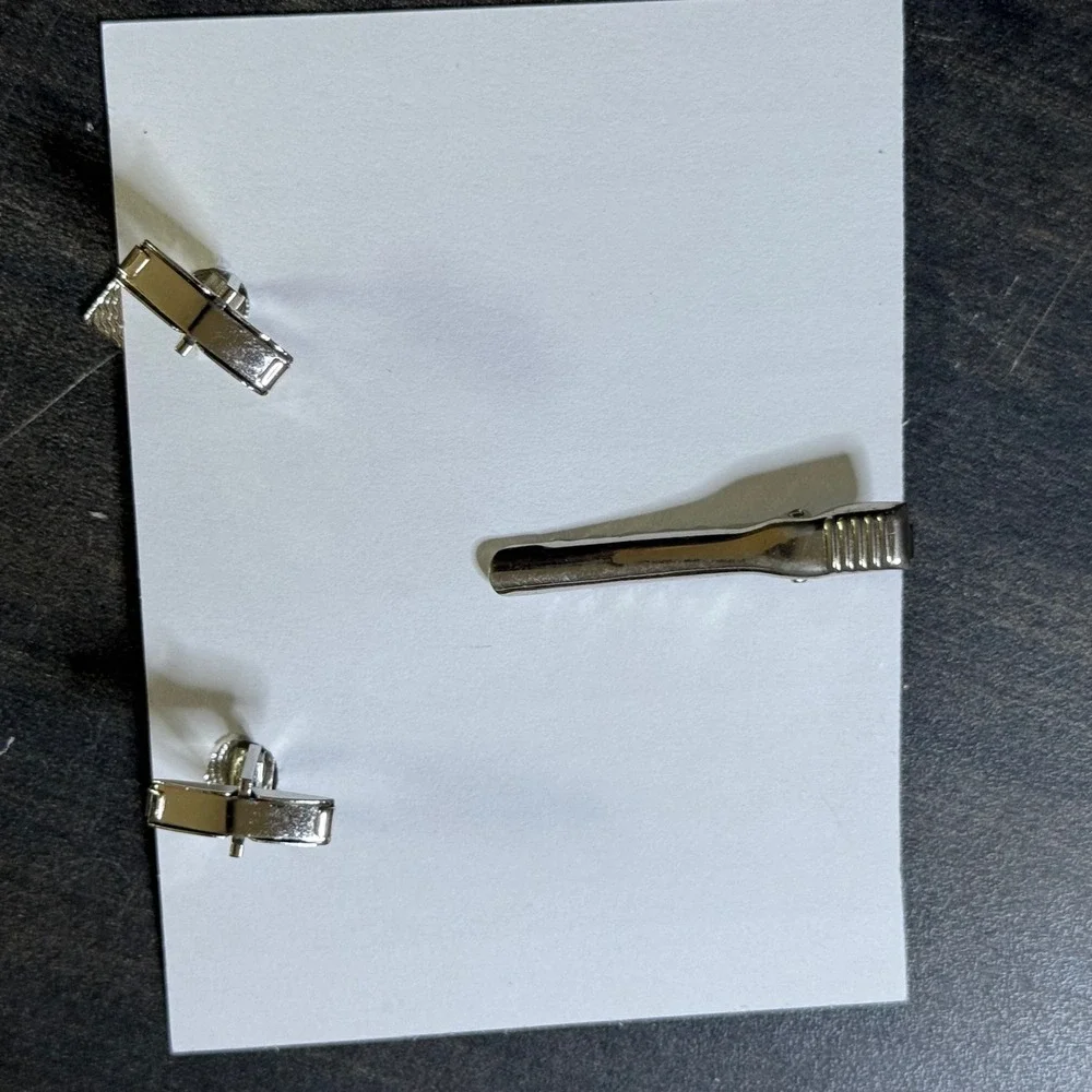 Vintage Cufflinks Tie Clip‎ Set Silver Tone Square Design Elegant Formal